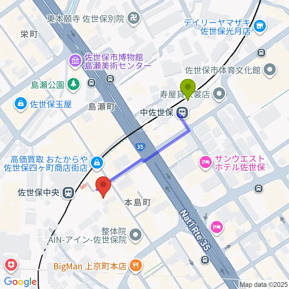 中佐世保駅からはっぴぃ！FMへのルートマップ地図