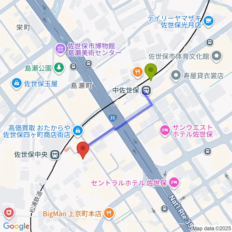 中佐世保駅からはっぴぃ！FMへのルートマップ地図