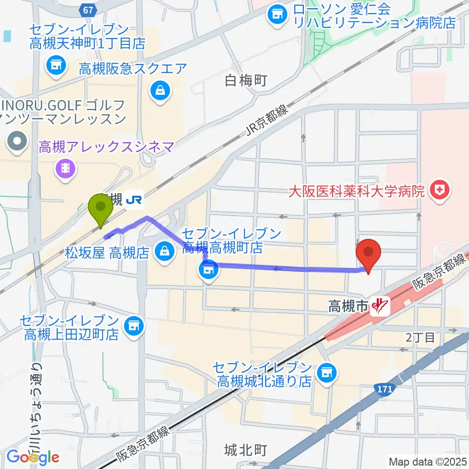 高槻駅からナッシュビルウエストへのルートマップ地図