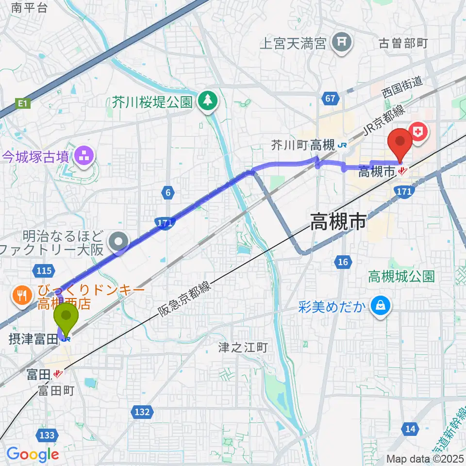 摂津富田駅からナッシュビルウエストへのルートマップ地図