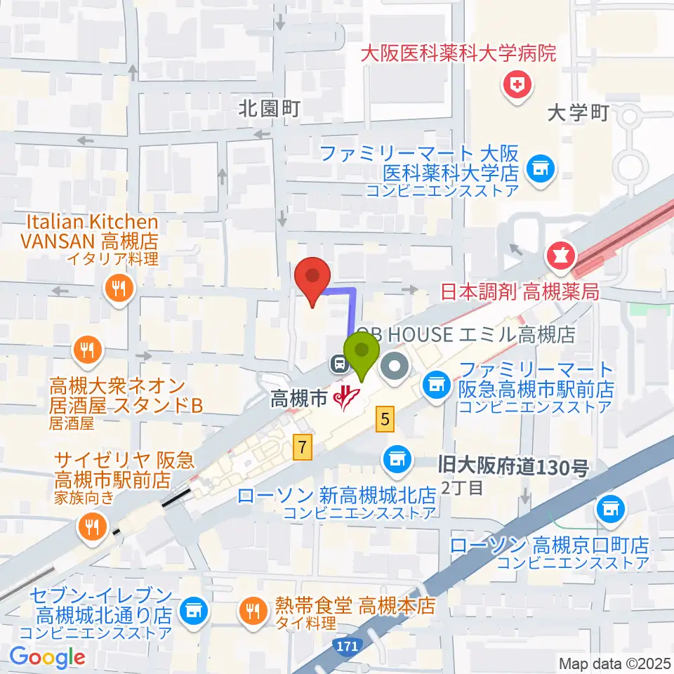 ナッシュビルウエストの最寄駅高槻市駅からの徒歩ルート（約1分）地図