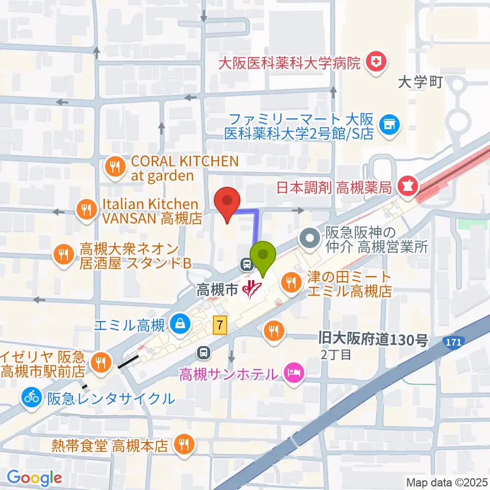 ナッシュビルウエストの最寄駅高槻市駅からの徒歩ルート（約1分）地図