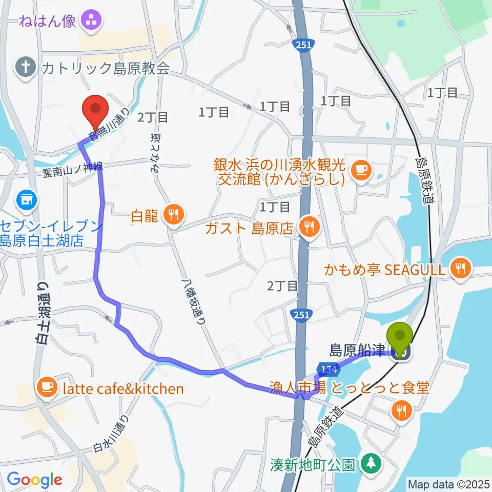 島原船津駅からFMしまばらへのルートマップ地図