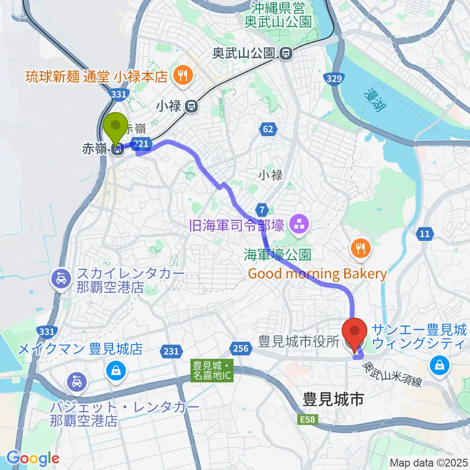 赤嶺駅からFMとよみへのルートマップ地図