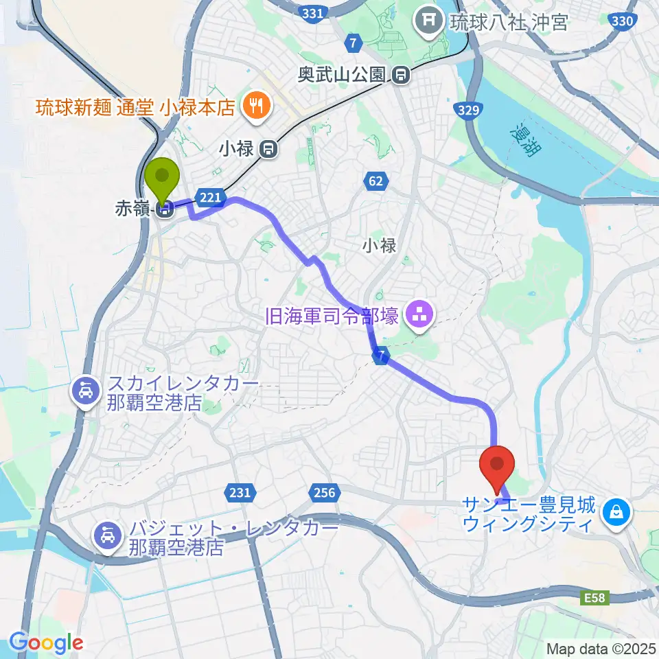 赤嶺駅からFMとよみへのルートマップ地図