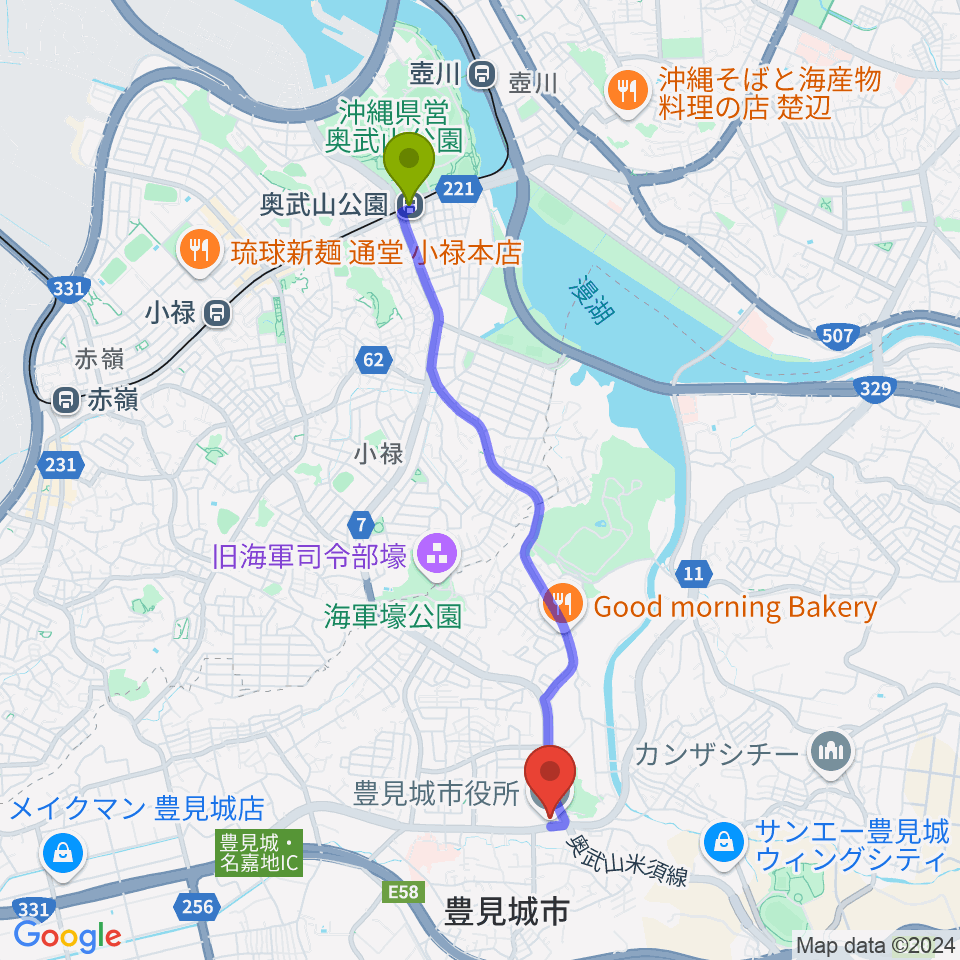 奥武山公園駅からFMとよみへのルートマップ地図