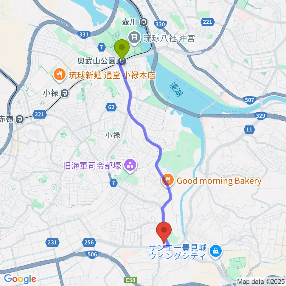 奥武山公園駅からFMとよみへのルートマップ地図