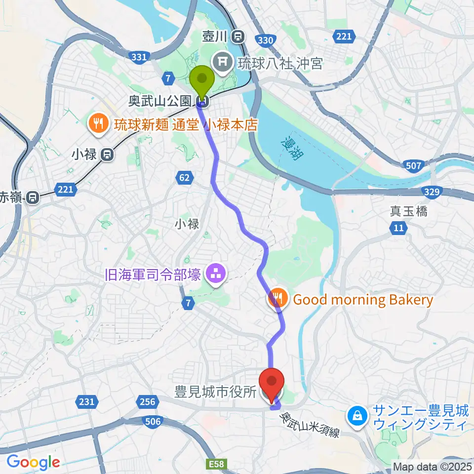 奥武山公園駅からFMとよみへのルートマップ地図