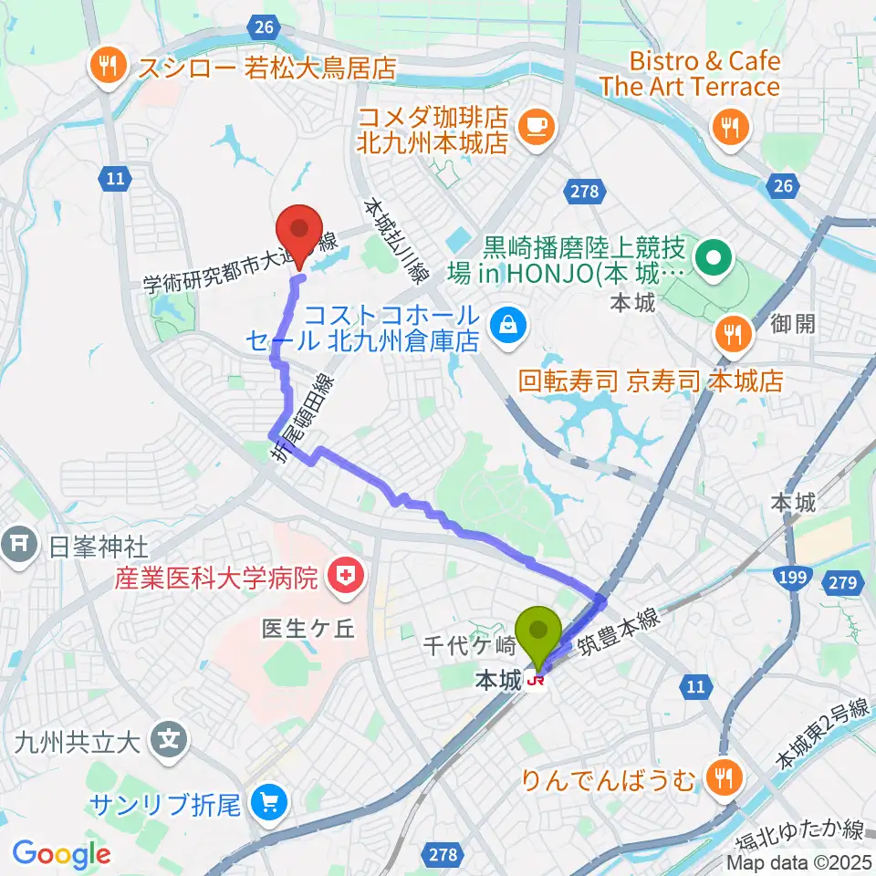 エアーステーションひびきの最寄駅本城駅からの徒歩ルート（約34分）地図