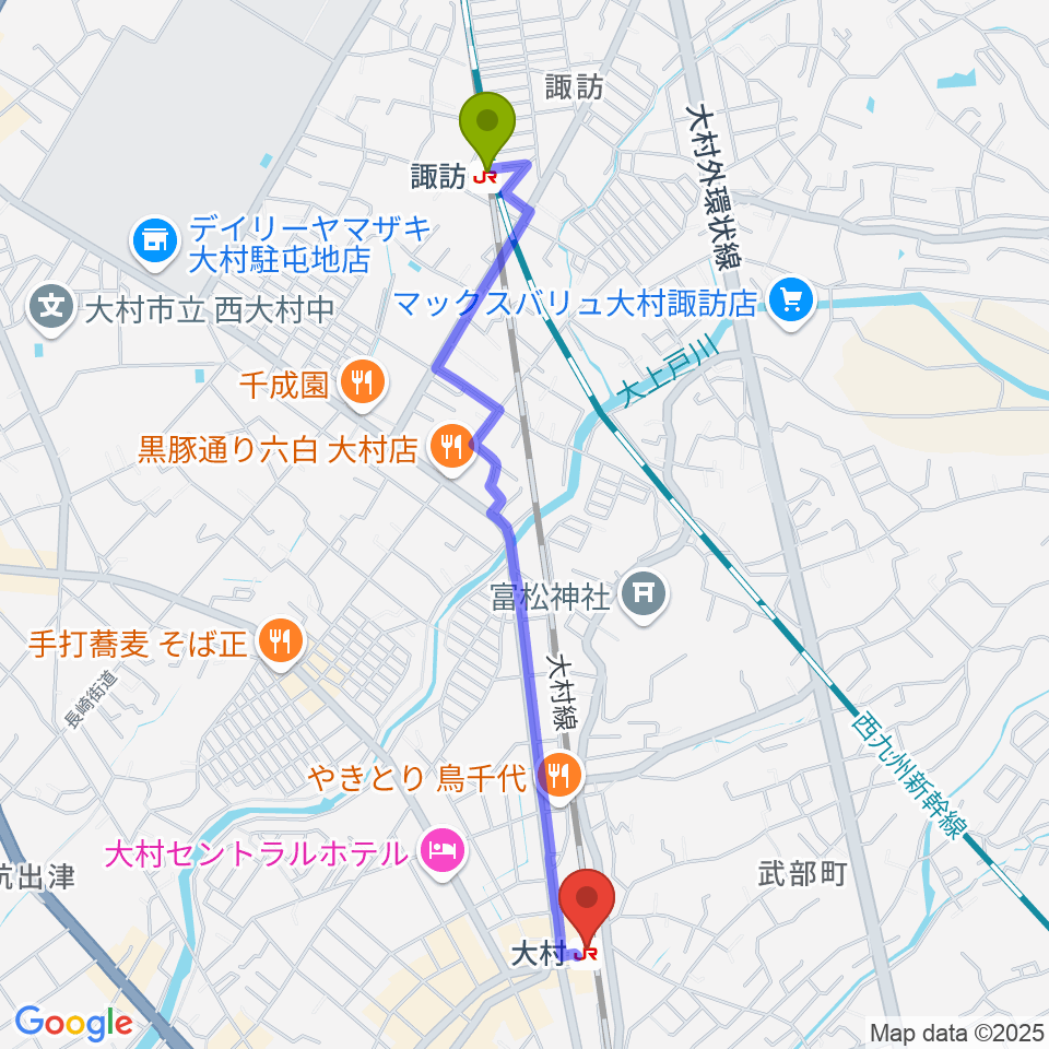 諏訪駅からFMおおむらへのルートマップ地図