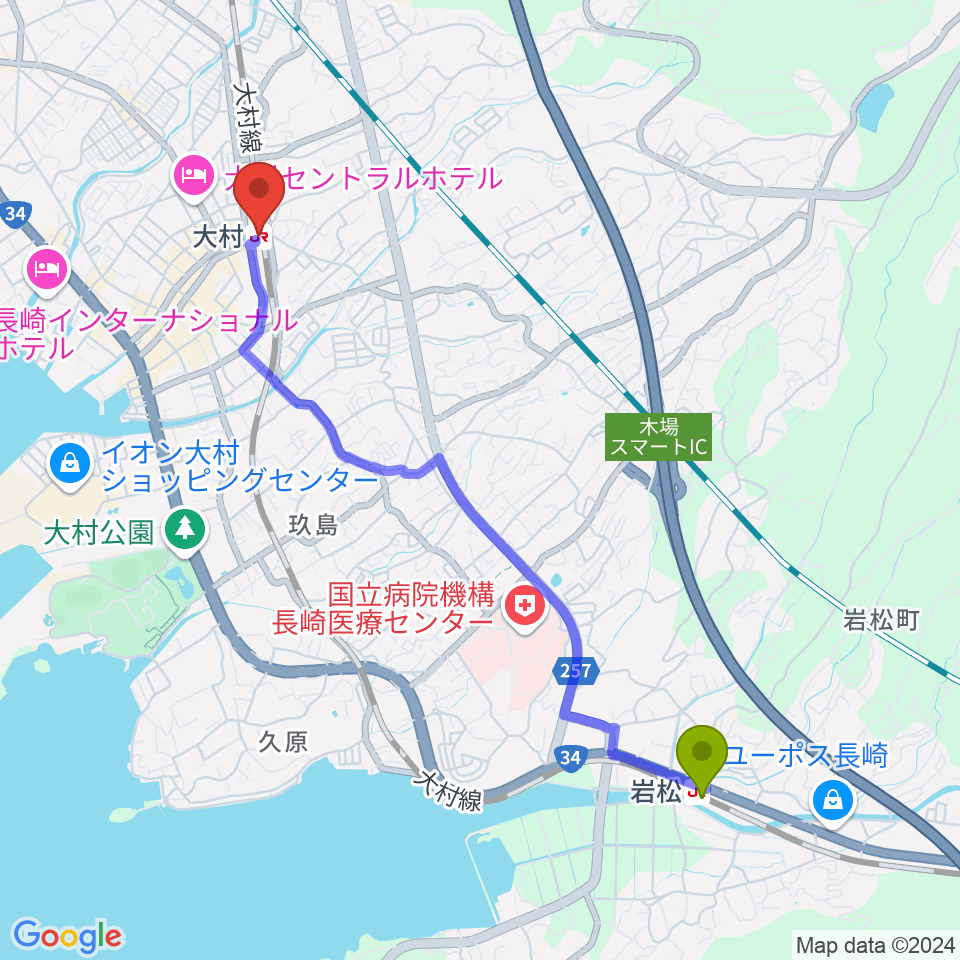 岩松駅からFMおおむらへのルートマップ地図