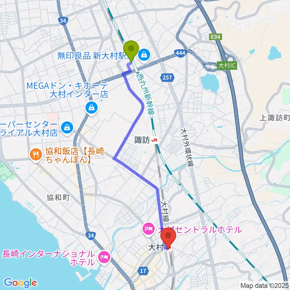 新大村駅からFMおおむらへのルートマップ地図