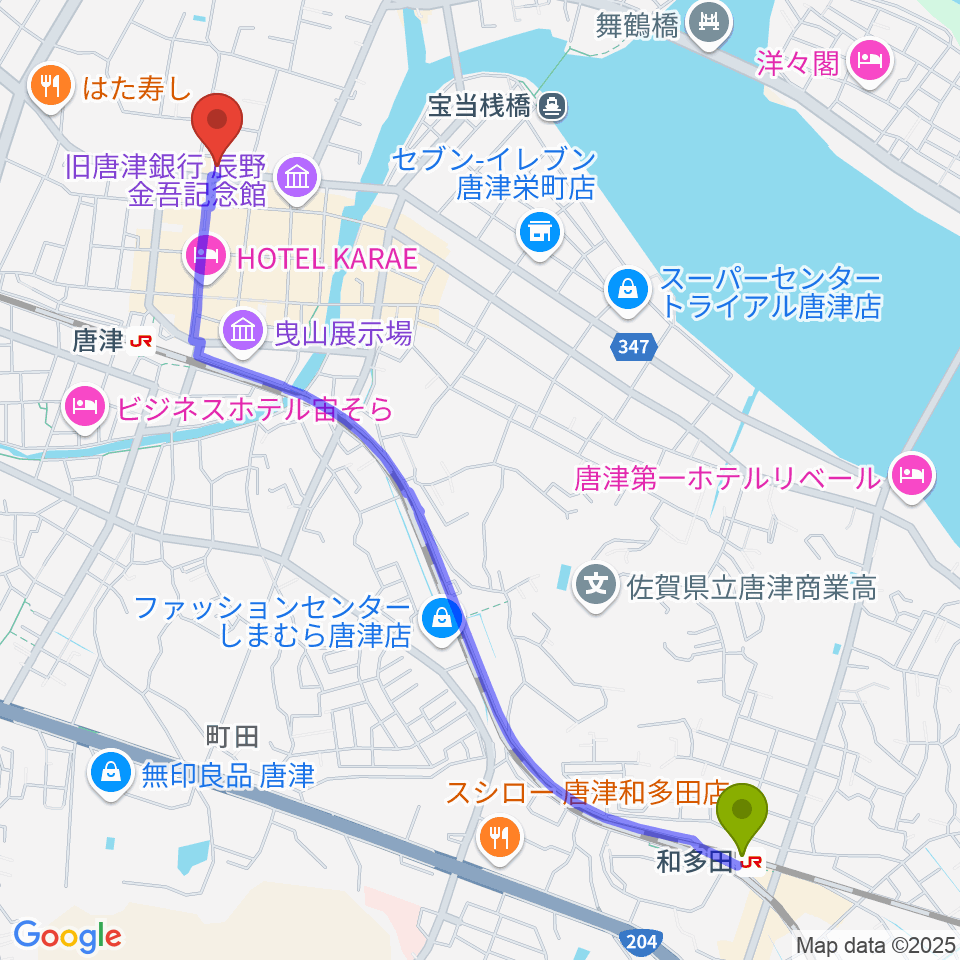 和多田駅からFMからつへのルートマップ地図