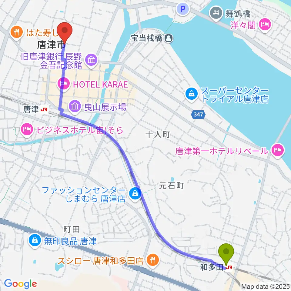 和多田駅からFMからつへのルートマップ地図