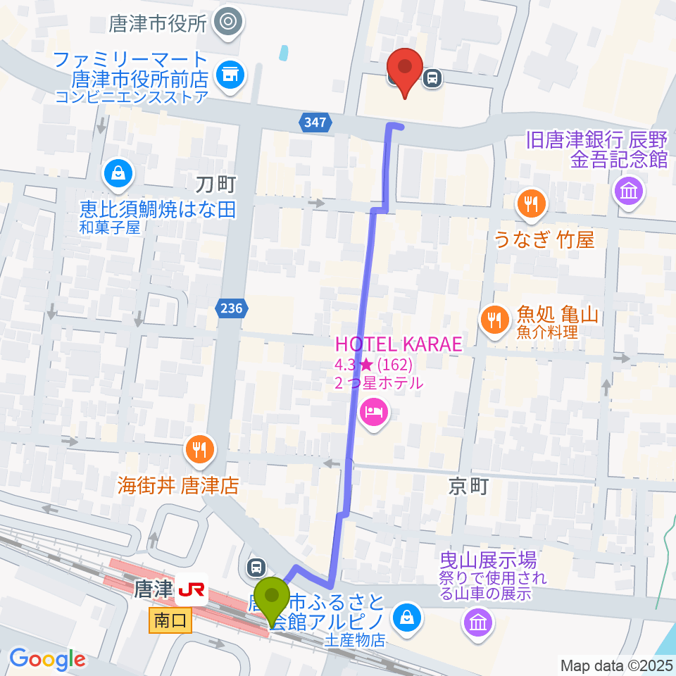 FMからつの最寄駅唐津駅からの徒歩ルート（約6分）地図