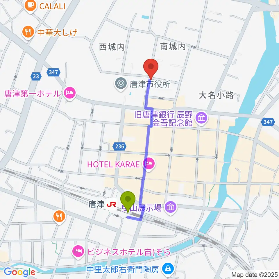 FMからつの最寄駅唐津駅からの徒歩ルート（約8分）地図