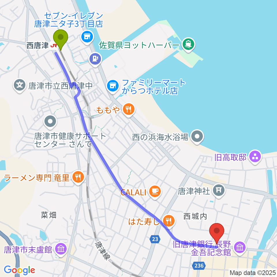 西唐津駅からFMからつへのルートマップ地図