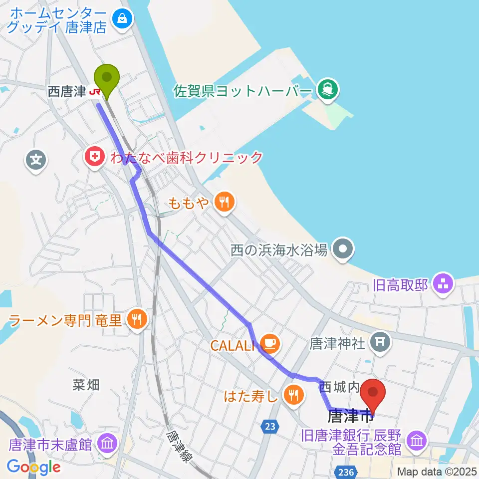 西唐津駅からFMからつへのルートマップ地図