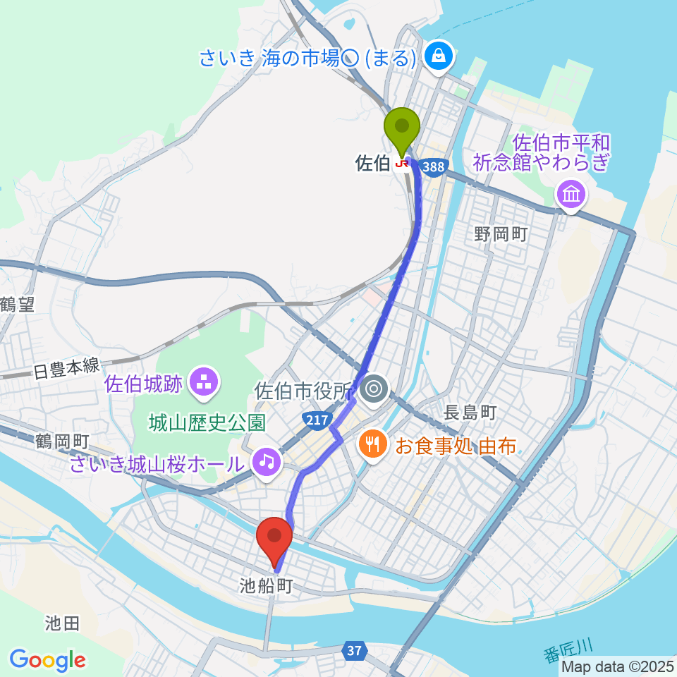 エフエム佐伯の最寄駅佐伯駅からの徒歩ルート（約40分）地図