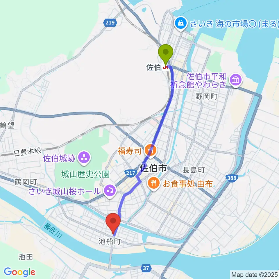エフエム佐伯の最寄駅佐伯駅からの徒歩ルート（約40分）地図