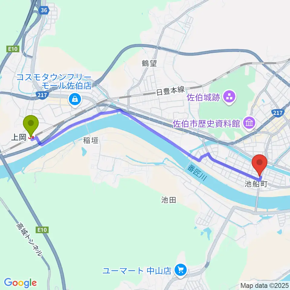 上岡駅からエフエム佐伯へのルートマップ地図