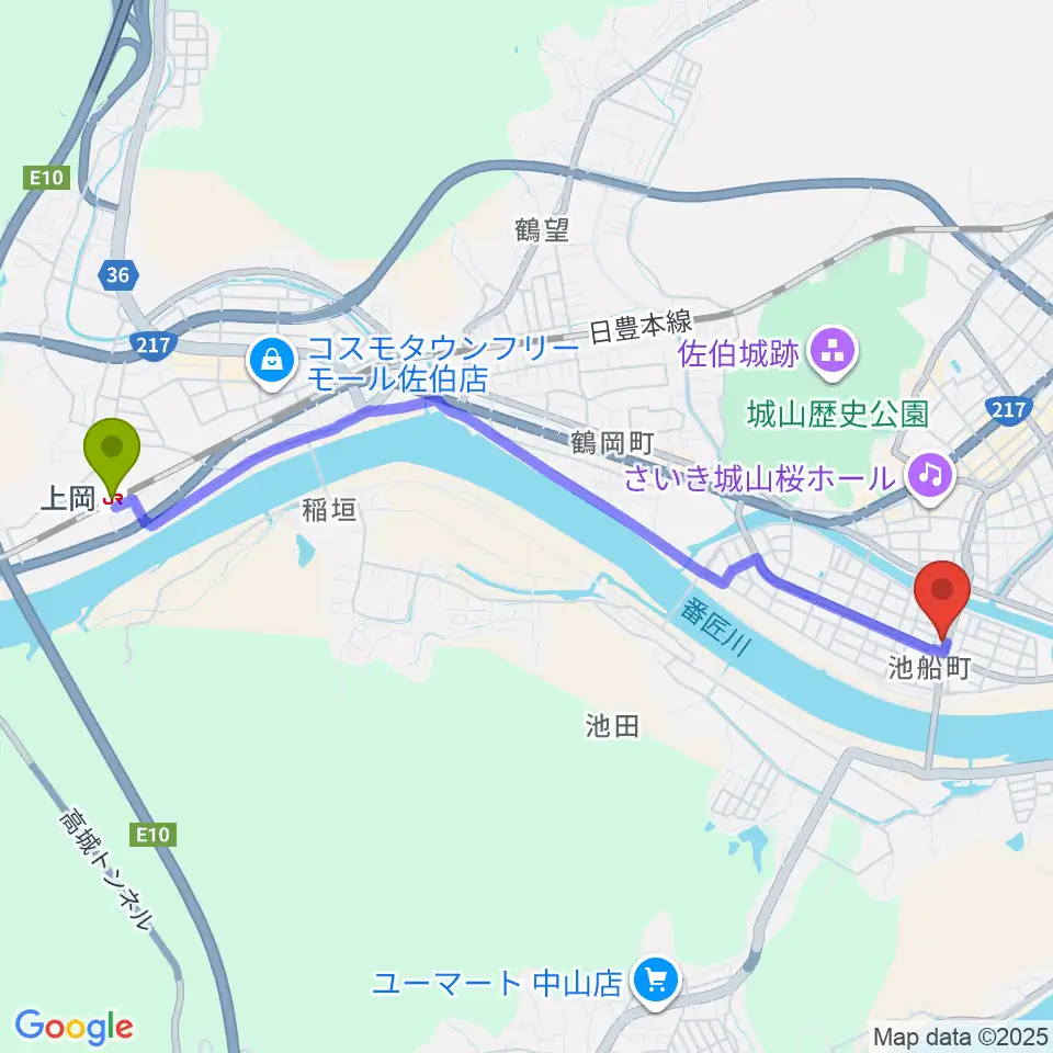 上岡駅からエフエム佐伯へのルートマップ地図