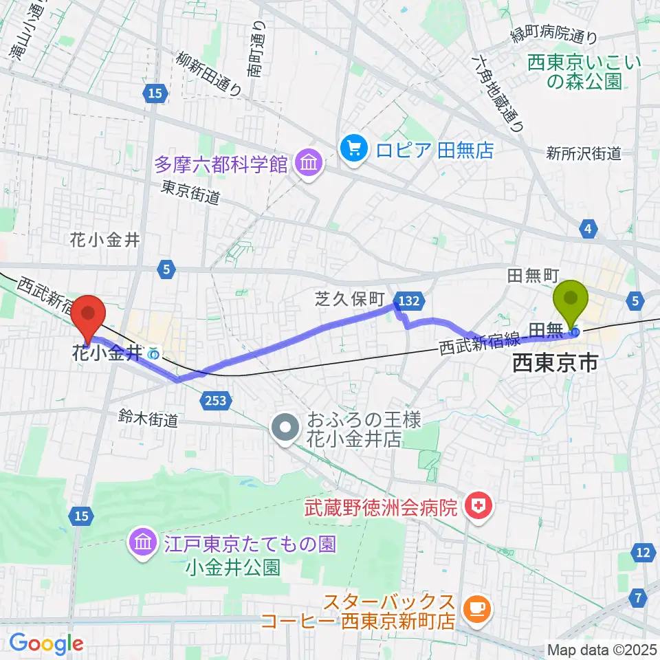 田無駅から花小金井ライブハウスTSPへのルートマップ地図
