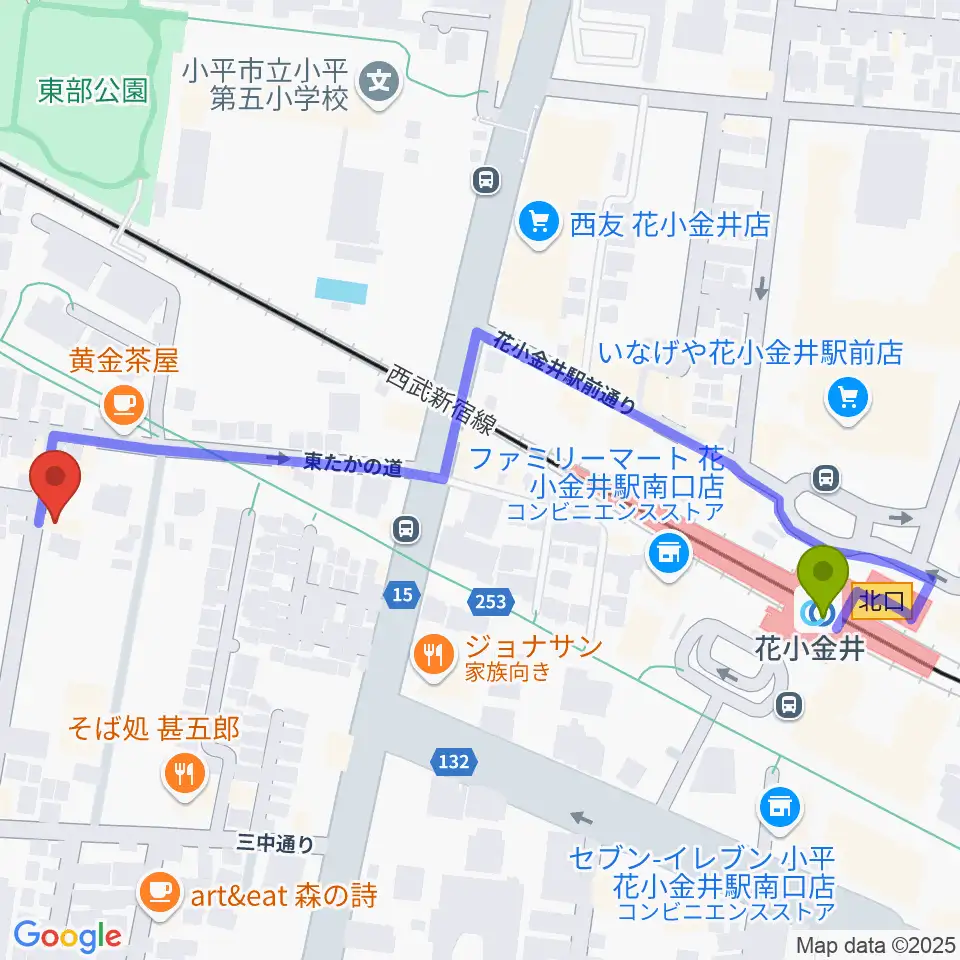 花小金井ライブハウスTSPの最寄駅花小金井駅からの徒歩ルート（約6分）地図