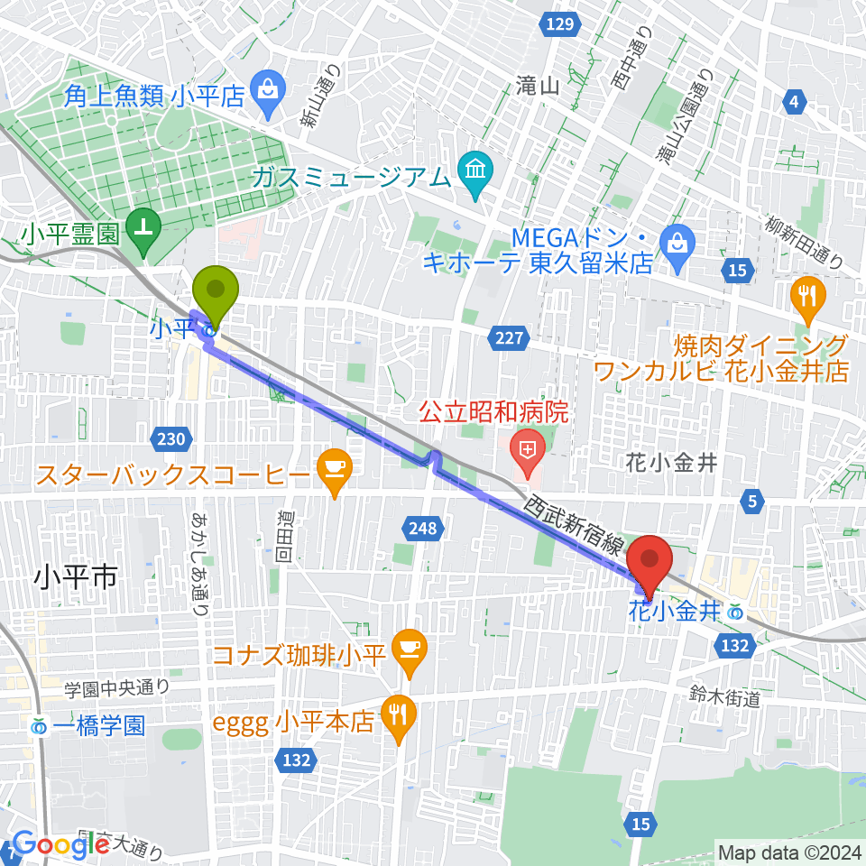 小平駅から花小金井ライブハウスTSPへのルートマップ地図
