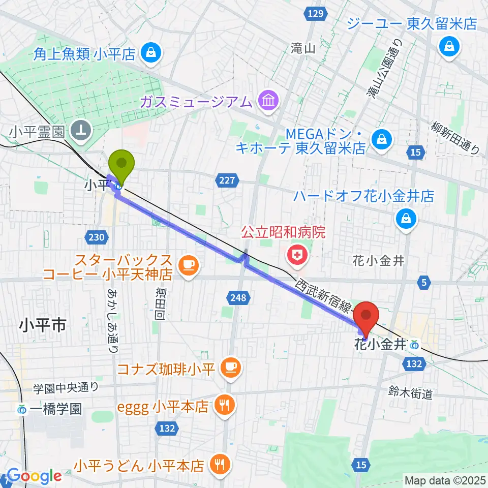 小平駅から花小金井ライブハウスTSPへのルートマップ地図