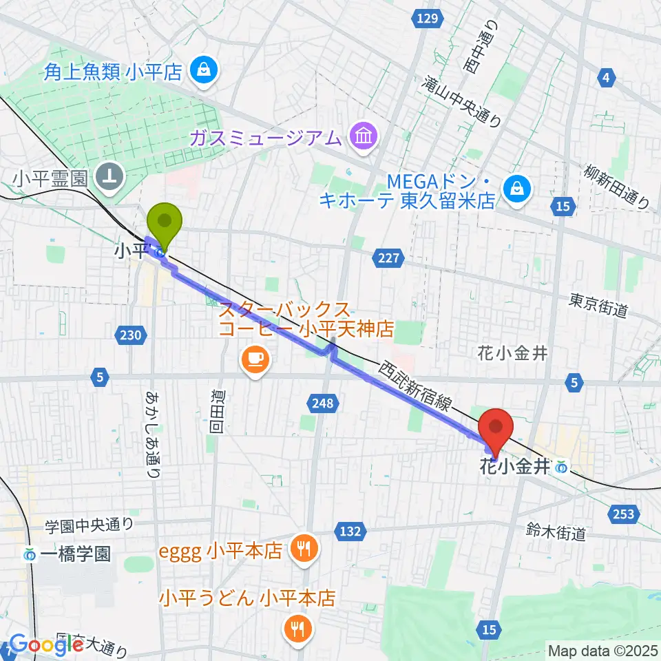 小平駅から花小金井ライブハウスTSPへのルートマップ地図