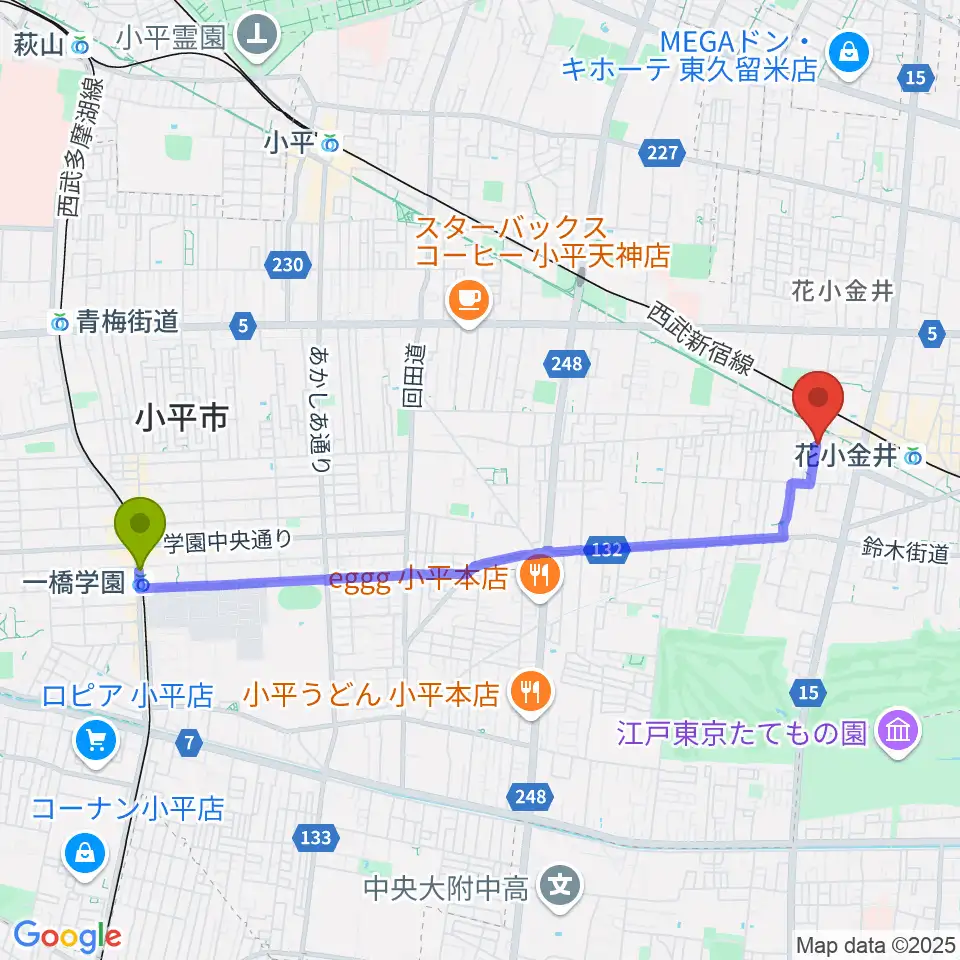 一橋学園駅から花小金井ライブハウスTSPへのルートマップ地図