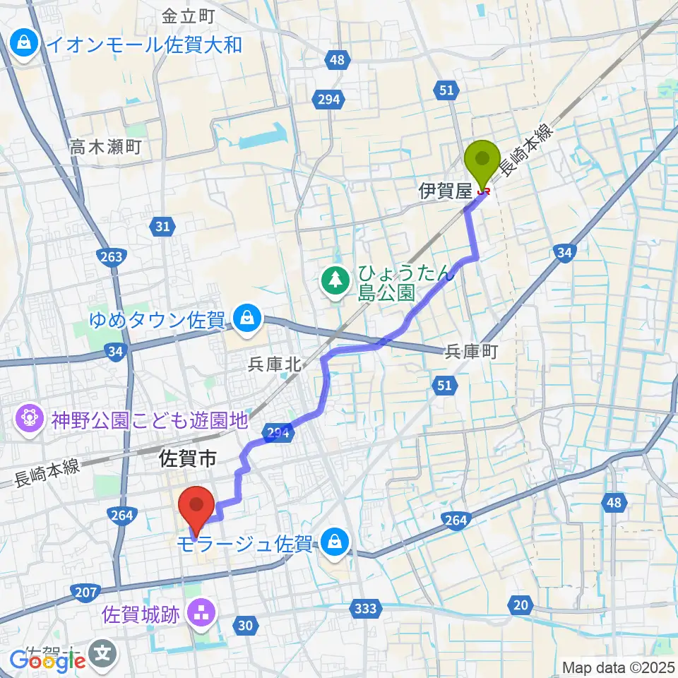 伊賀屋駅からえびすFMへのルートマップ地図
