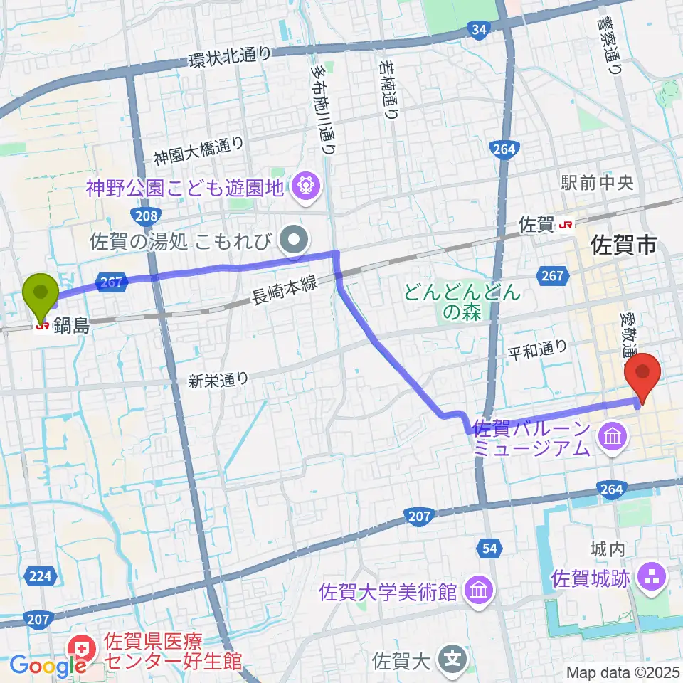 鍋島駅からえびすFMへのルートマップ地図