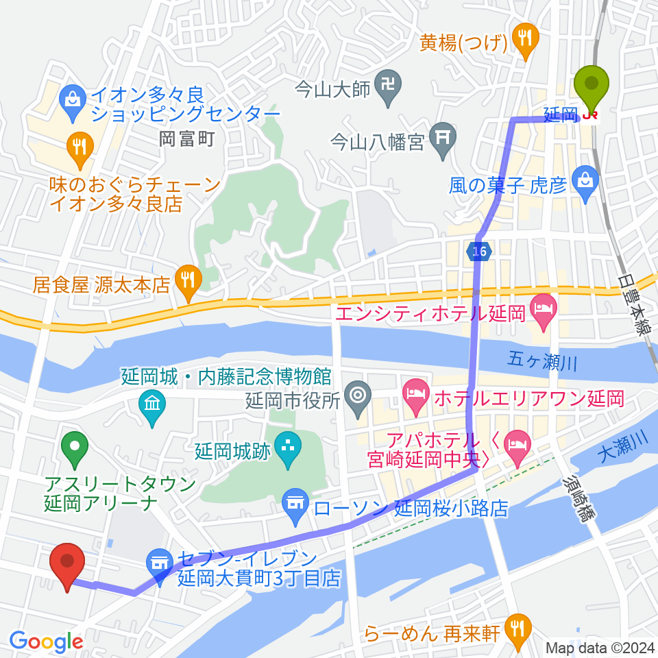 FMのべおかの最寄駅延岡駅からの徒歩ルート（約35分）地図