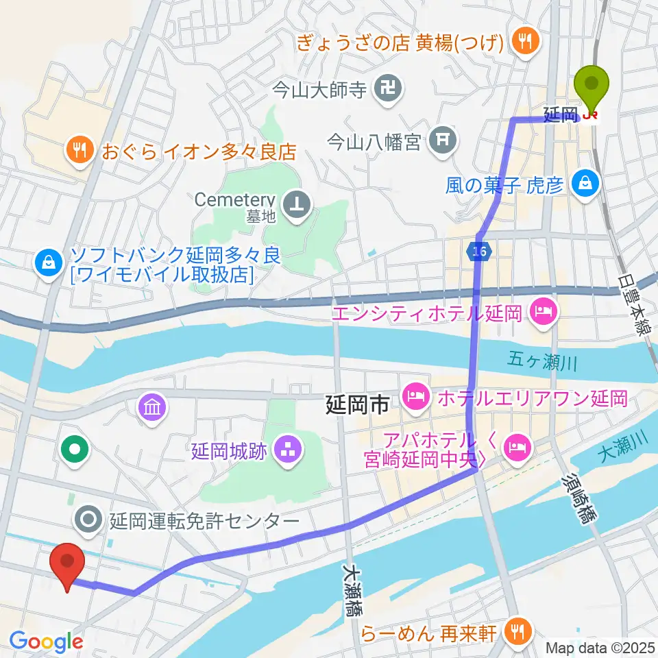 FMのべおかの最寄駅延岡駅からの徒歩ルート（約35分）地図