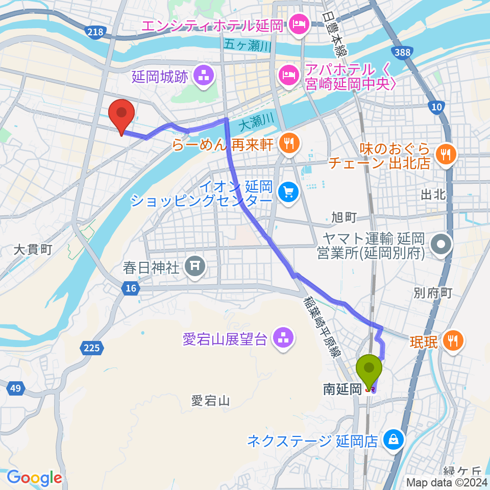 南延岡駅からFMのべおかへのルートマップ地図