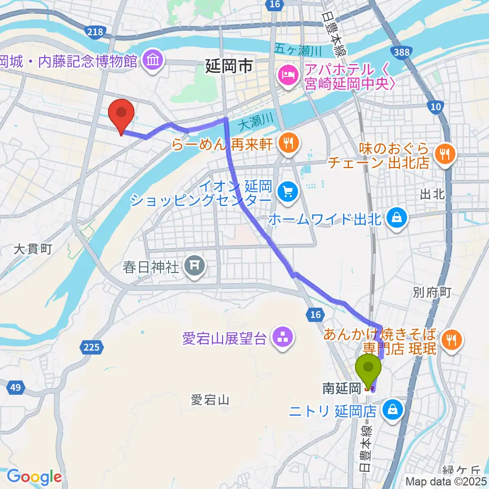 南延岡駅からFMのべおかへのルートマップ地図