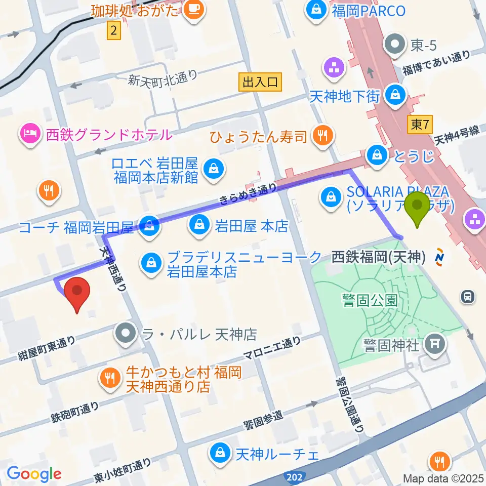 コミュニティラジオ天神の最寄駅西鉄福岡（天神）駅からの徒歩ルート（約6分）地図