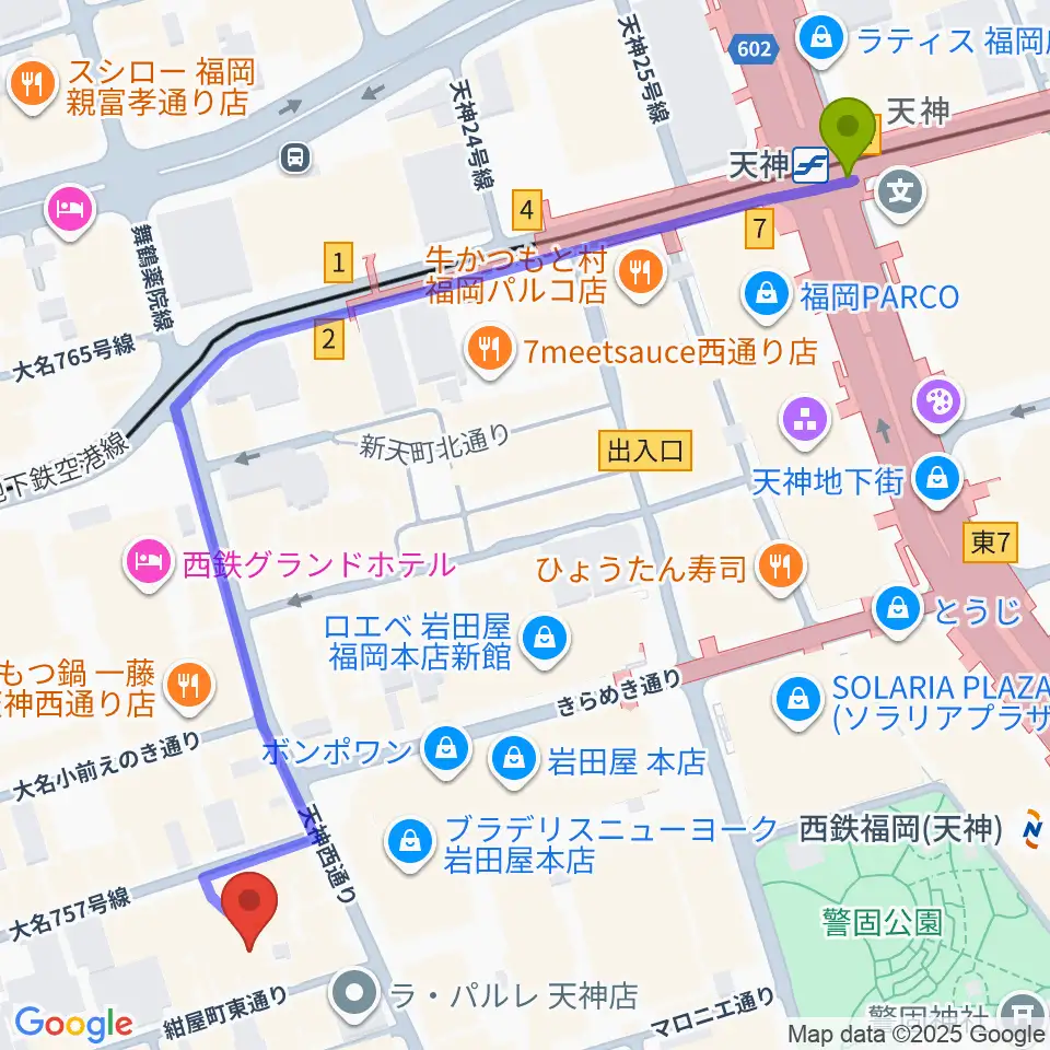 天神駅からコミュニティラジオ天神へのルートマップ地図