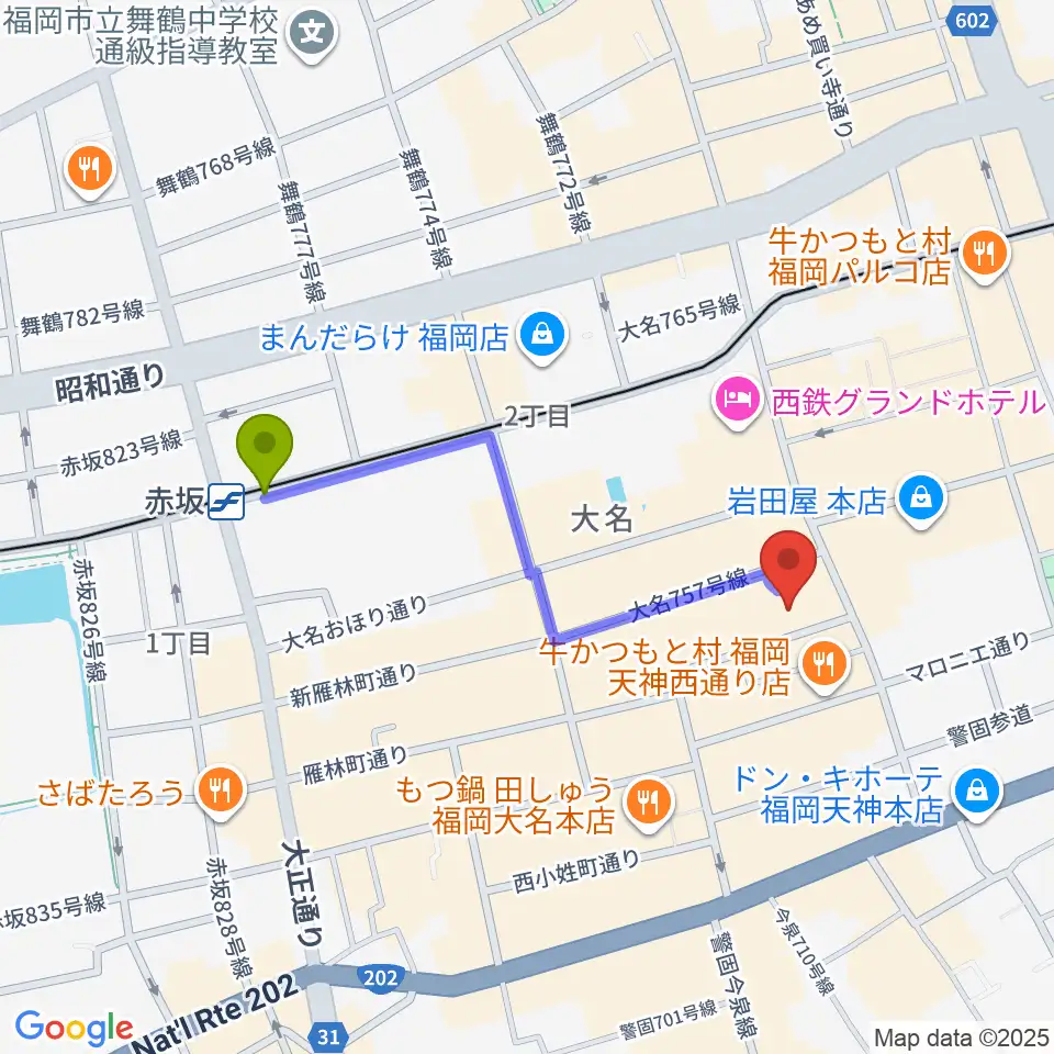 赤坂駅からコミュニティラジオ天神へのルートマップ地図
