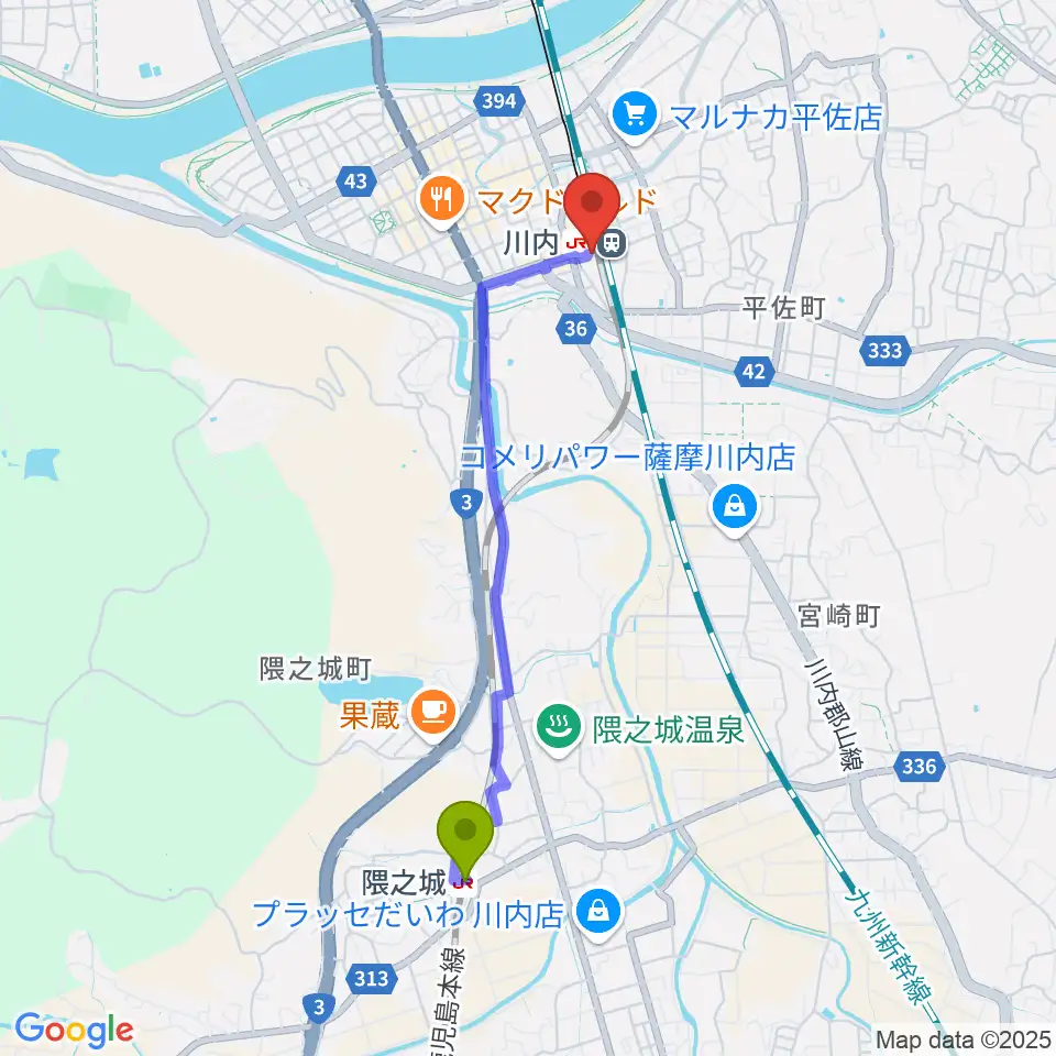 隈之城駅からFMさつませんだいへのルートマップ地図