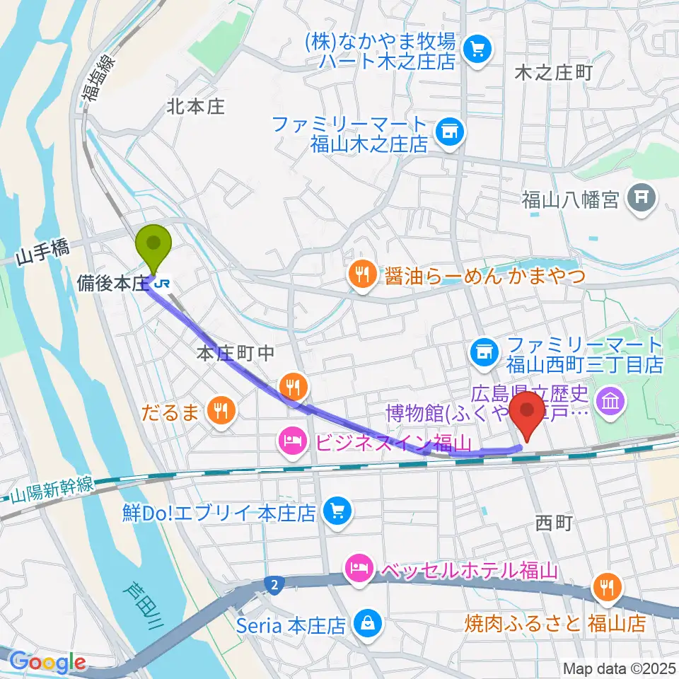 備後本庄駅からレディオBINGO エフエムふくやまへのルートマップ地図