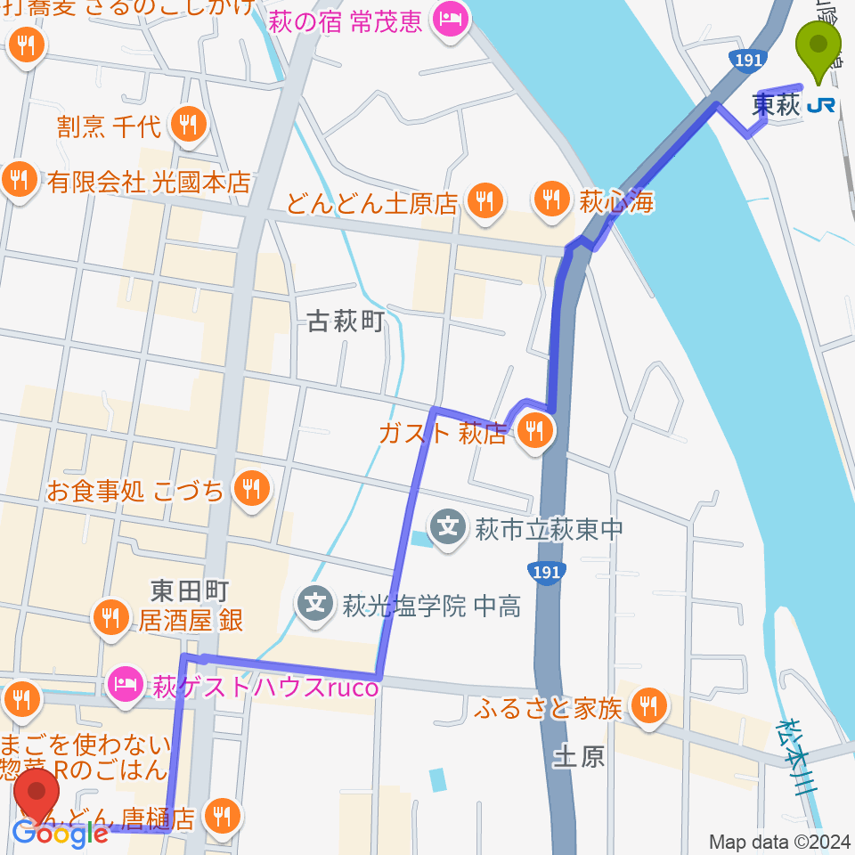 FMななこの最寄駅東萩駅からの徒歩ルート（約20分）地図