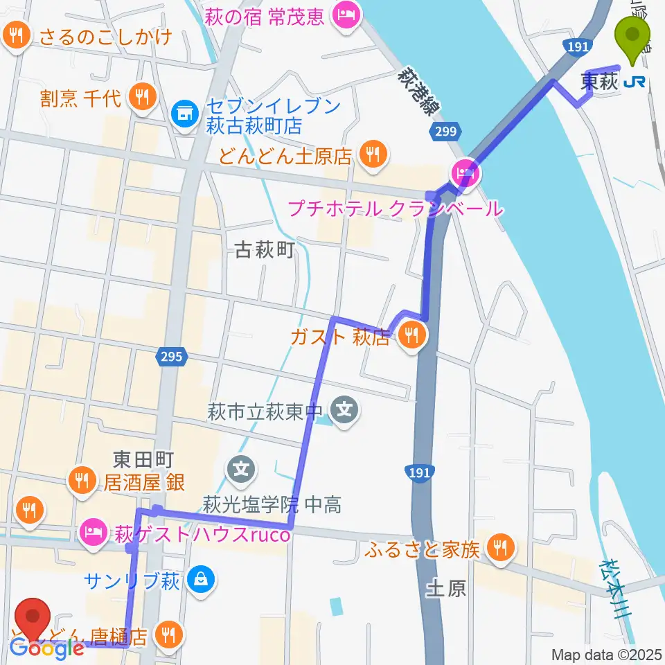 エフエム萩の最寄駅東萩駅からの徒歩ルート（約20分）地図