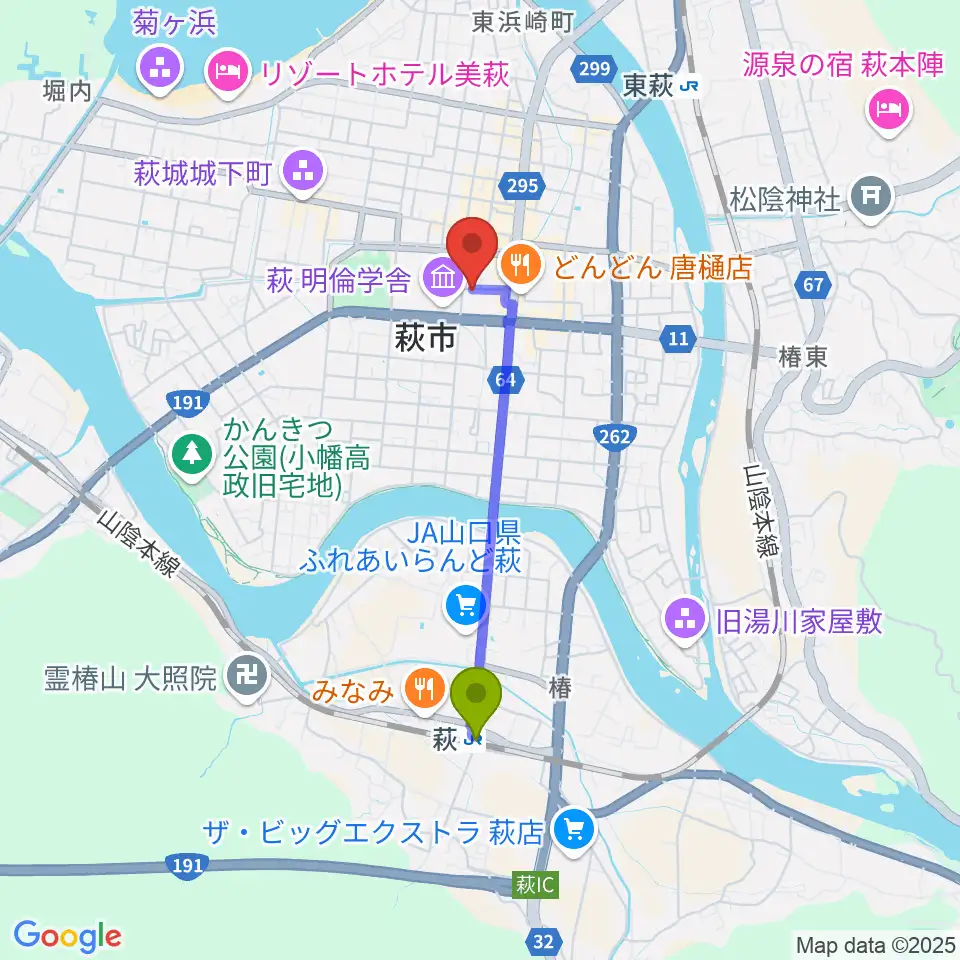 萩駅からエフエム萩へのルートマップ地図