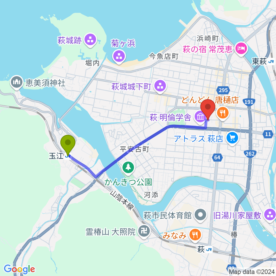 玉江駅からFMななこへのルートマップ地図