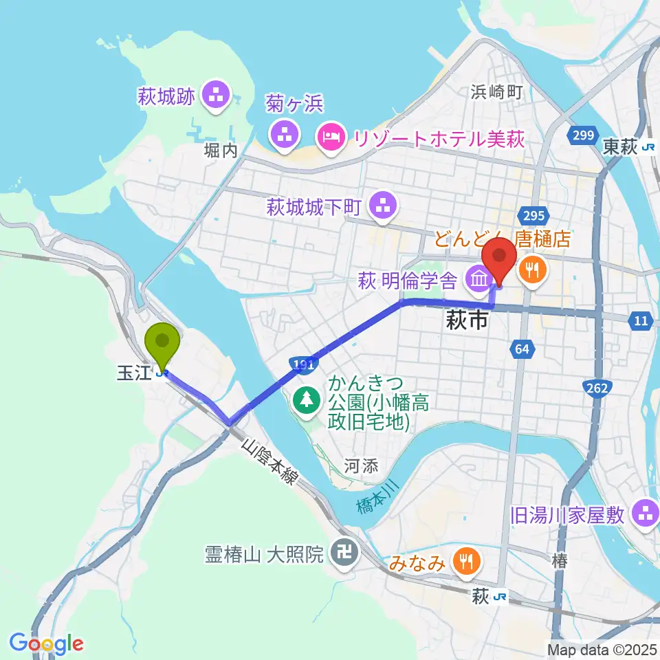 玉江駅からエフエム萩へのルートマップ地図