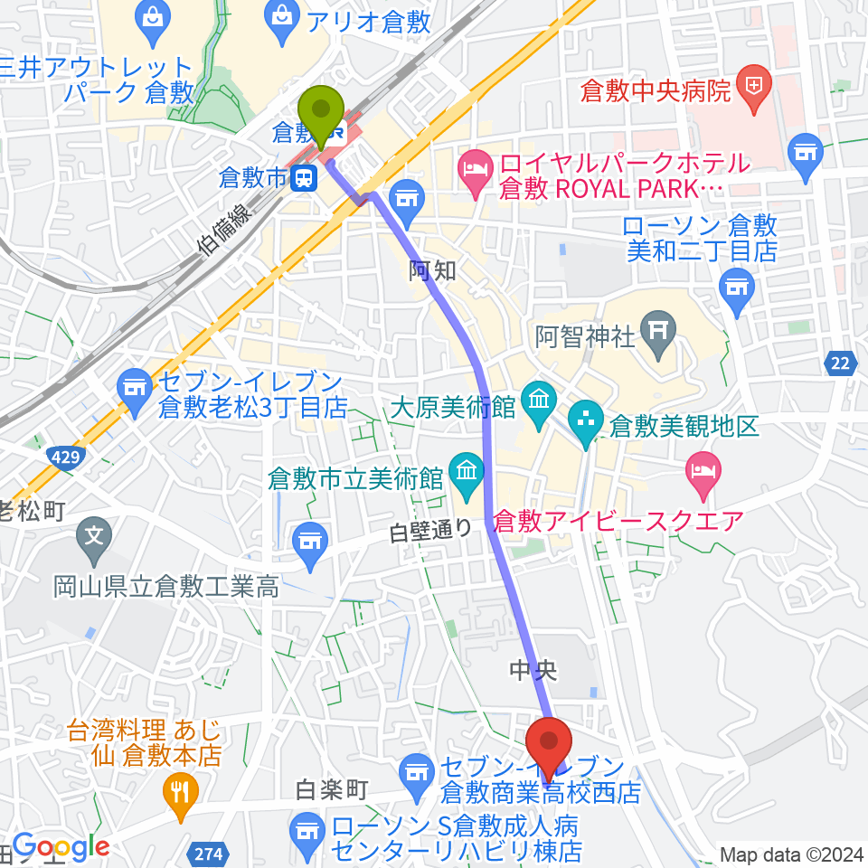 Fmくらしきの最寄駅倉敷駅からの徒歩ルート 約24分 Mdata