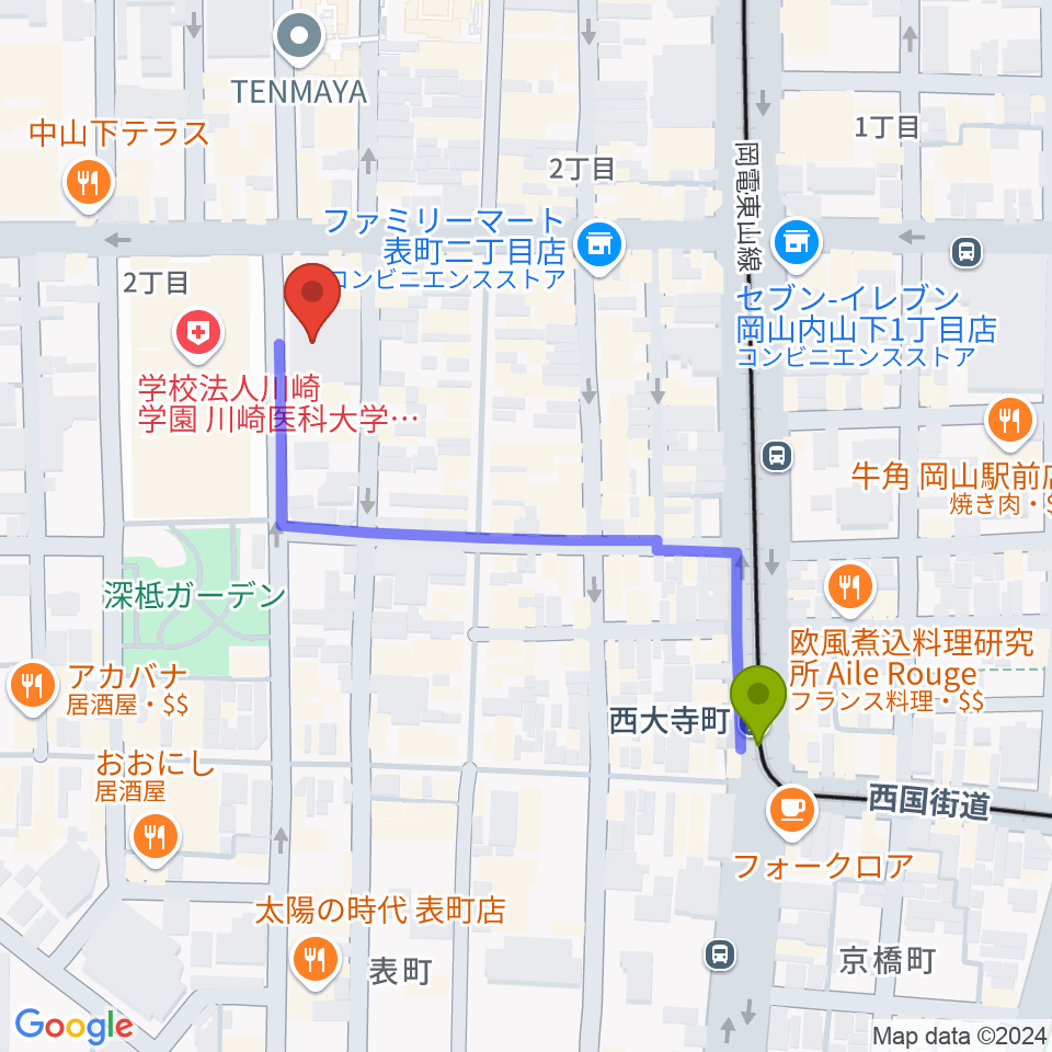 西大寺町駅からレディオモモへのルートマップ地図